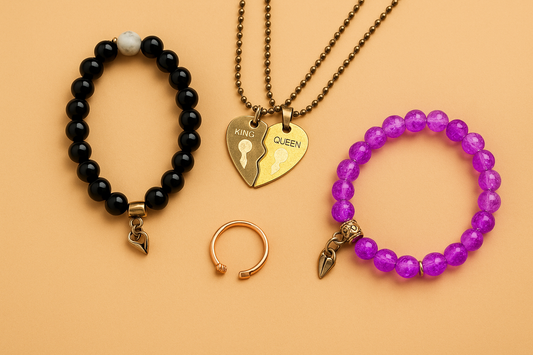 Couple Jewelry Combo Set – King & Queen Heart Locket with Matching His & Her Bracelets and Adjustable Ring | Perfect for Gifting