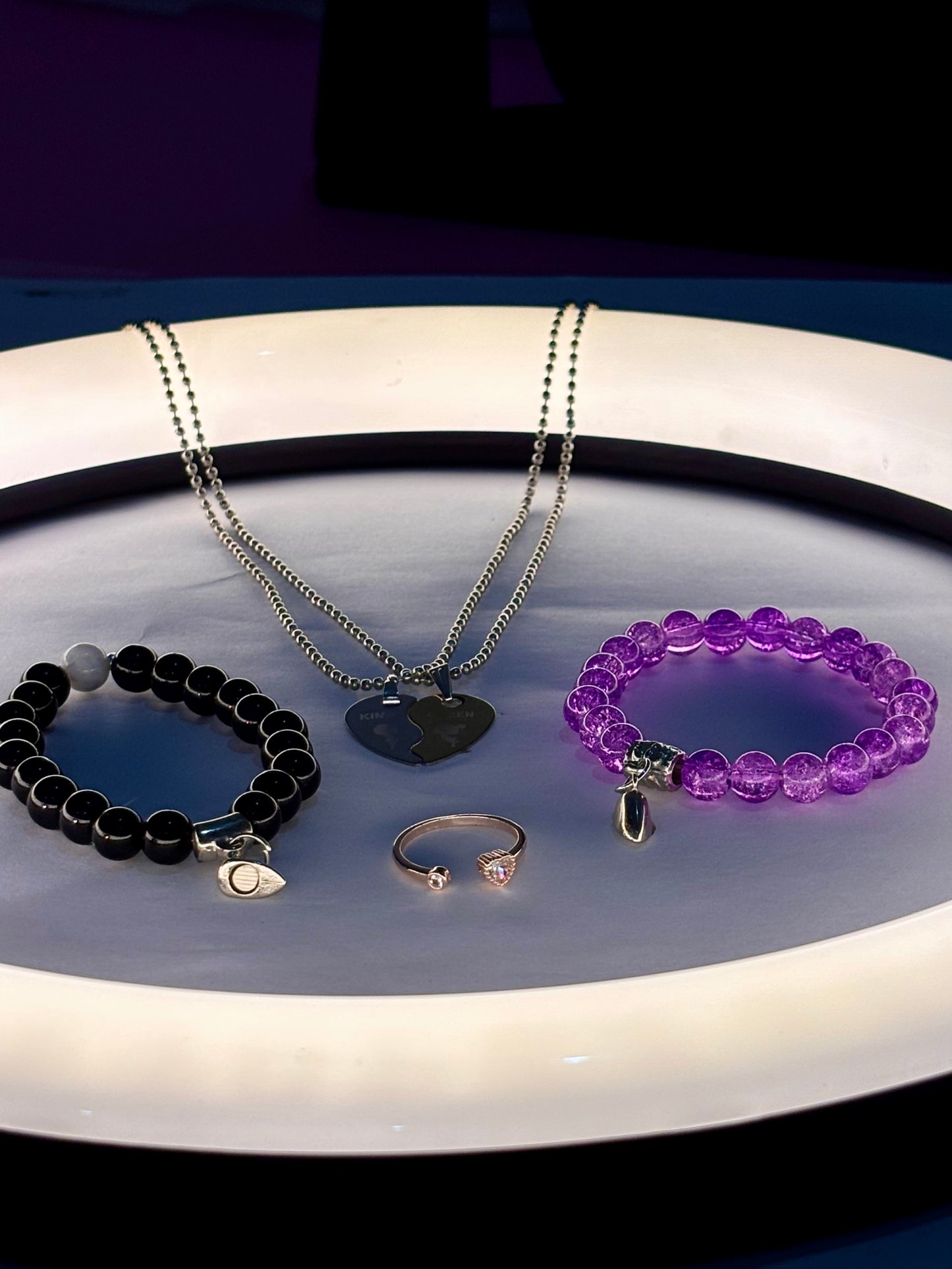 Couple Jewelry Combo Set โ King & Queen Heart Locket with Matching His & Her Bracelets and Adjustable Ring | Perfect for Gifting