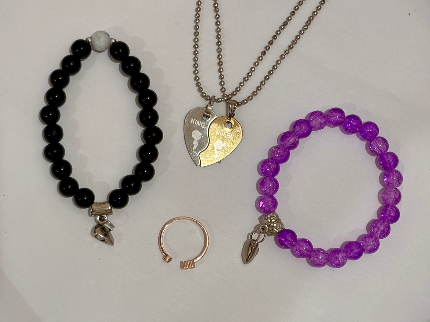 Couple Jewelry Combo Set – King & Queen Heart Locket with Matching His & Her Bracelets and Adjustable Ring | Perfect for Gifting